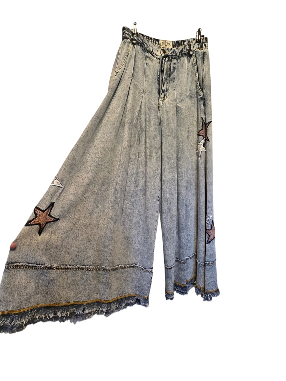 Wide Leg Star Appliqué Denim Pants - Light Grey